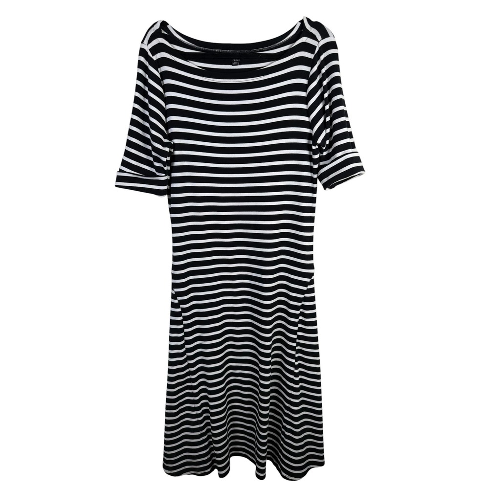 Lauren Ralph Lauren Black White Stripe Stretch Knit A-Line Midi Dress Size XL